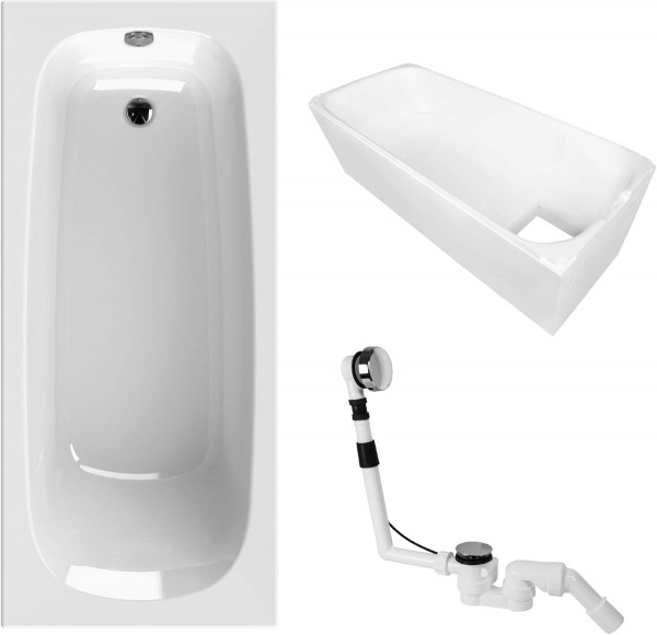 aquaSu Badewanne Komplettset 170x75 cm Klassik - 3in1 Acryl-Badewanne mit Wannenträger - Ablaufgarnitur
