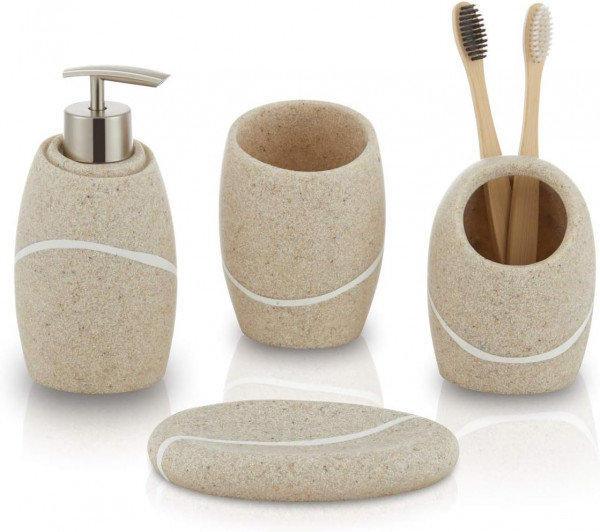 4-teiliges Organizer-Set mit Zahnbürstenhalter, Seifenspender, Schale für Kosmetik und Wattestäbchen – Elegante Deko in Steinoptik, Sandfarben