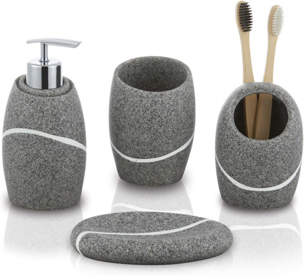 4-teiliges Organizer-Set mit Zahnbürstenhalter, Seifenspender, Schale – Steinoptik, grau