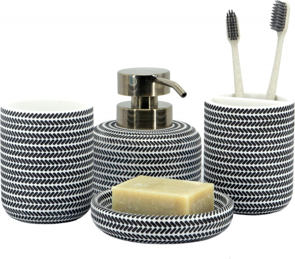 Schwarzes und weißes Bad-Accessoires-Set 4-teilig - Zahnbürstenhalter, Seifenspender, Toilettenablage, Toilettenglas
