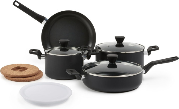 Amazon Basics Kochgeschirr-Set, 10-teilig – Töpfe, Pfannen, Deckel und Zubehör