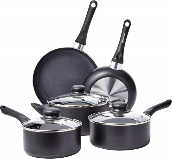 Amazon Basics Kochgeschirr-Set, 8-teilig – schwarze Töpfe, Pfannen und Glasdeckel