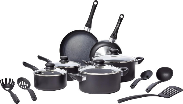 Amazon Basics Kochgeschirr-Set, 15-teilig – Töpfe, Pfannen, Glasdeckel und Küchenhelfer