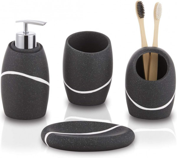 ZCCZ 4-teiliges Organizer-Set mit Zahnbürstenhalter, Seifenspender, Schale in Steinoptik, schwarz